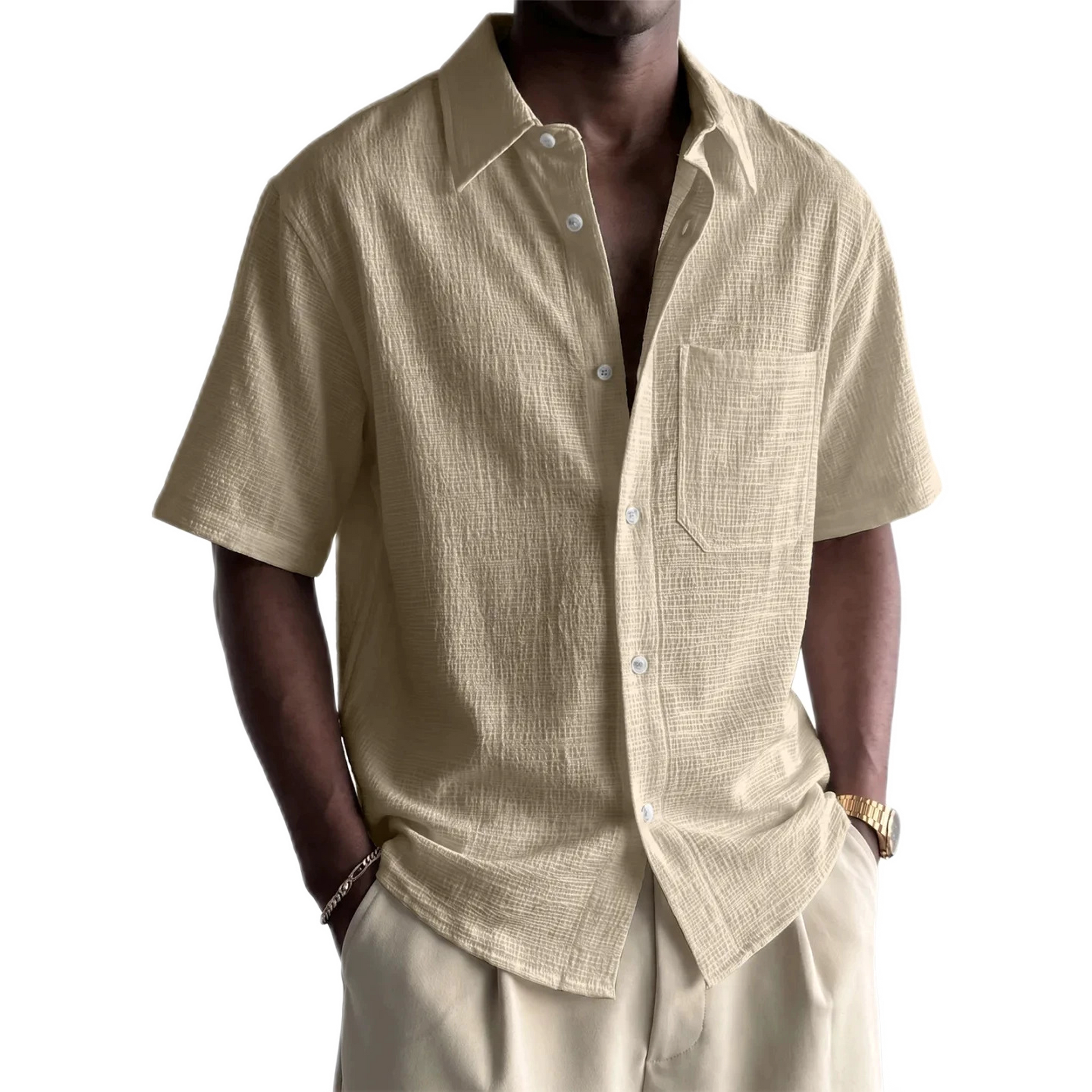 Camisa de algodón hombre con bolsillo, manga corta - detalle