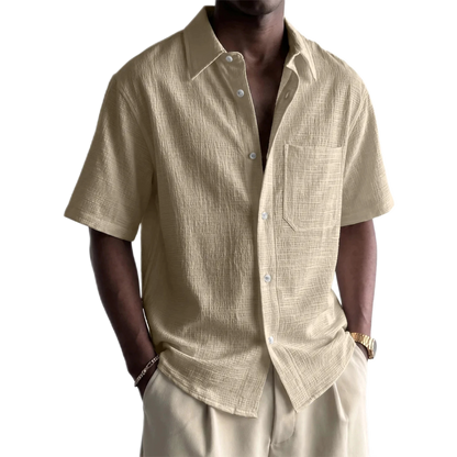 Camisa de algodón hombre con bolsillo, manga corta - detalle