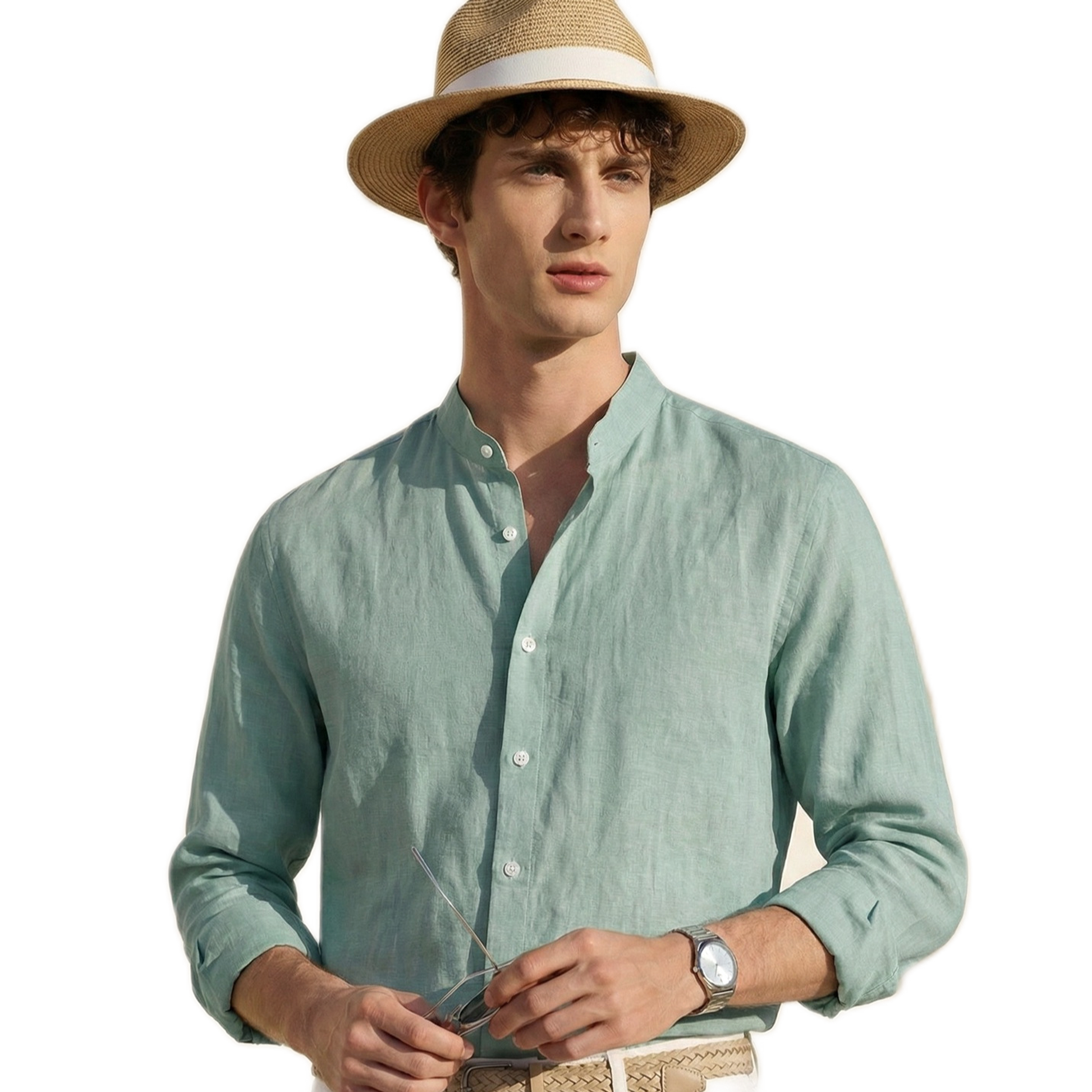 Camisa de lino hombre, manga larga - detalle del cuello