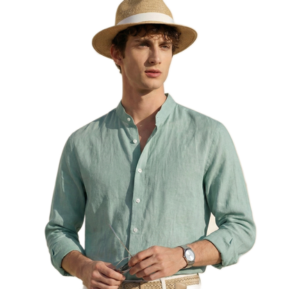 Camisa de lino hombre, manga larga - detalle del cuello