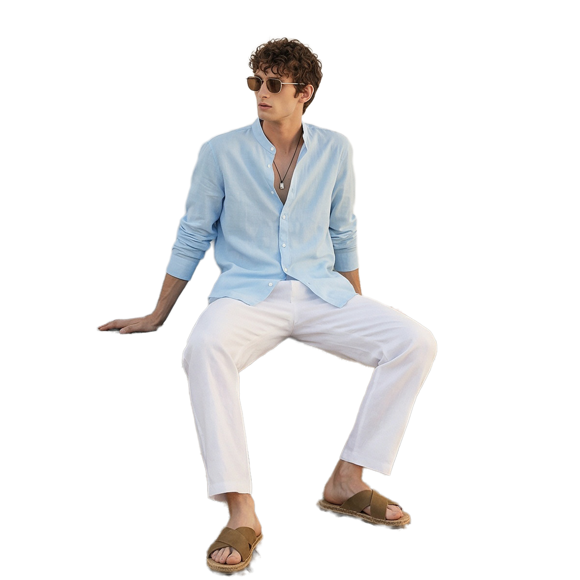 Camisa de lino hombre color azul glaciar
