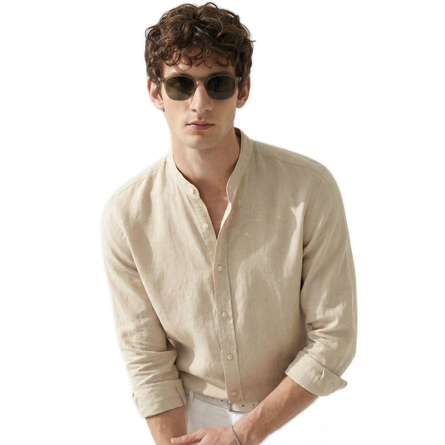 Camisa de lino hombre, manga larga, corte suelto