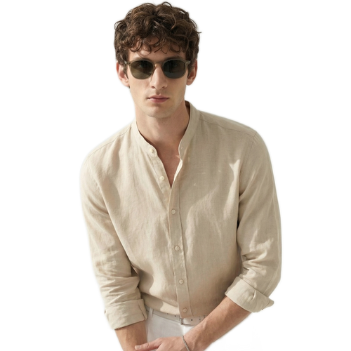 Camisa de lino hombre, manga larga, corte suelto