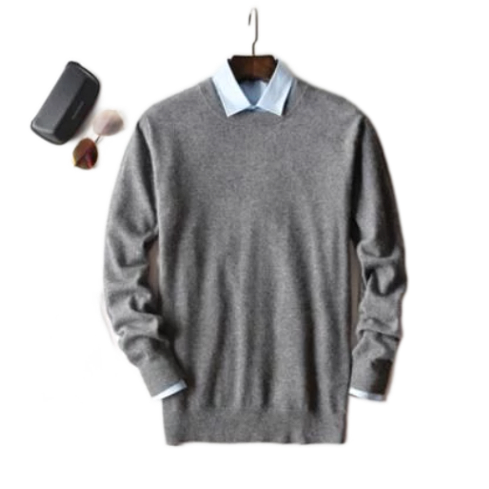 Sweater de cashmere hombre color gris oscuro, cuello redondo