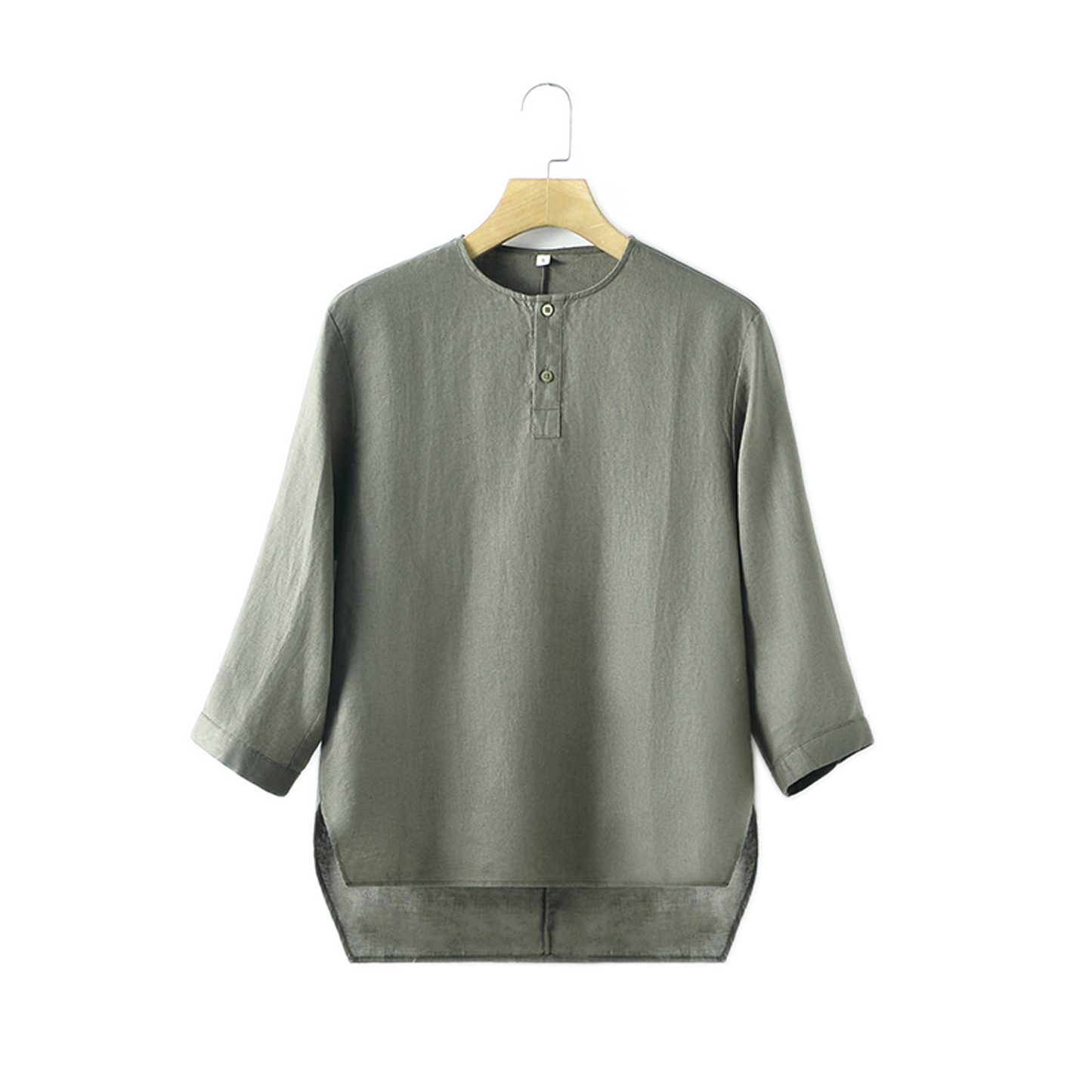 Camisa de lino hombre color verde militar, cuello redondo