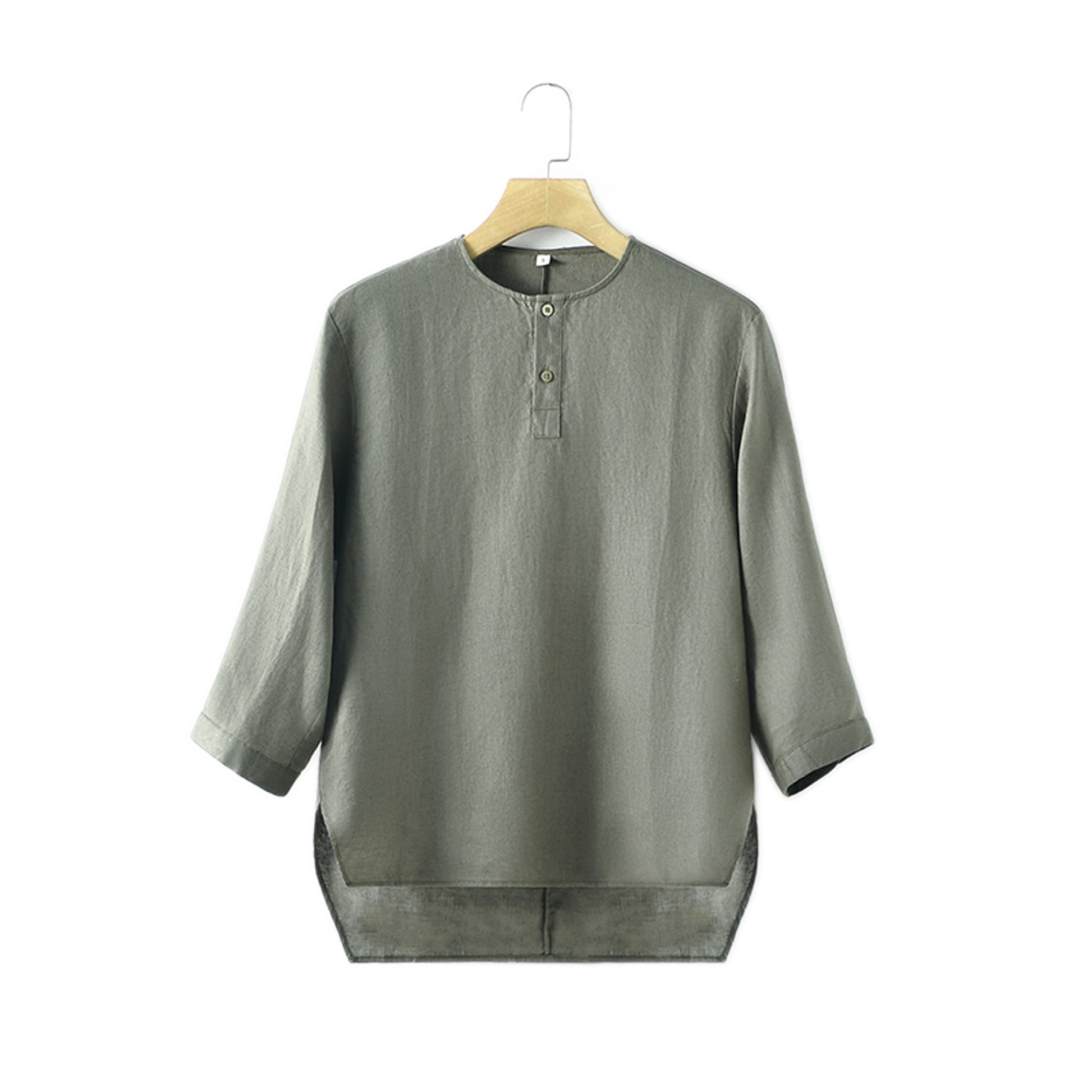 Camisa de lino hombre color verde militar, cuello redondo
