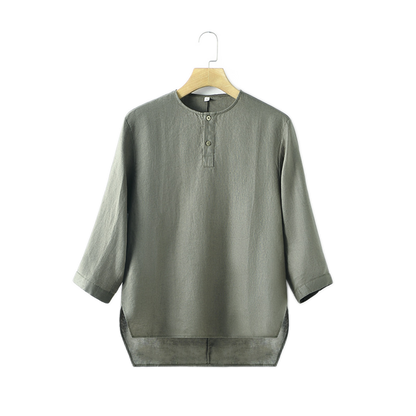 Camisa de lino hombre color verde militar, cuello redondo