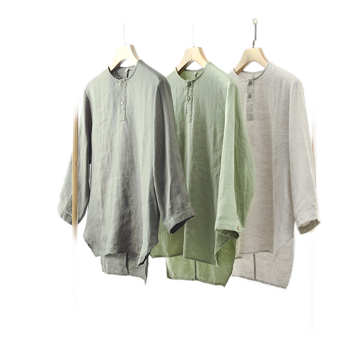 Camisa de lino hombre, cuello redondo manga corta