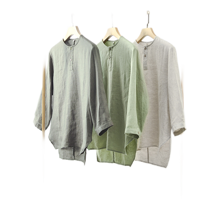Camisa de lino hombre, cuello redondo manga corta