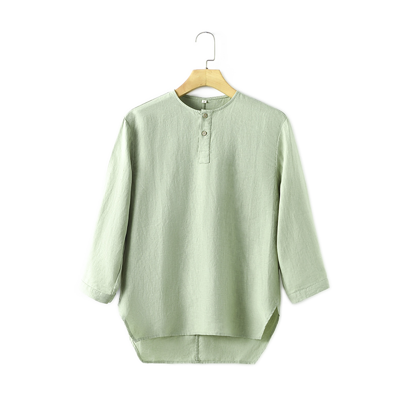 Camisa de lino hombre color verde, cuello redondo