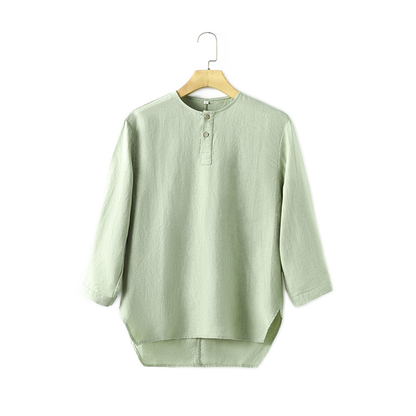 Camisa de lino hombre color verde, cuello redondo