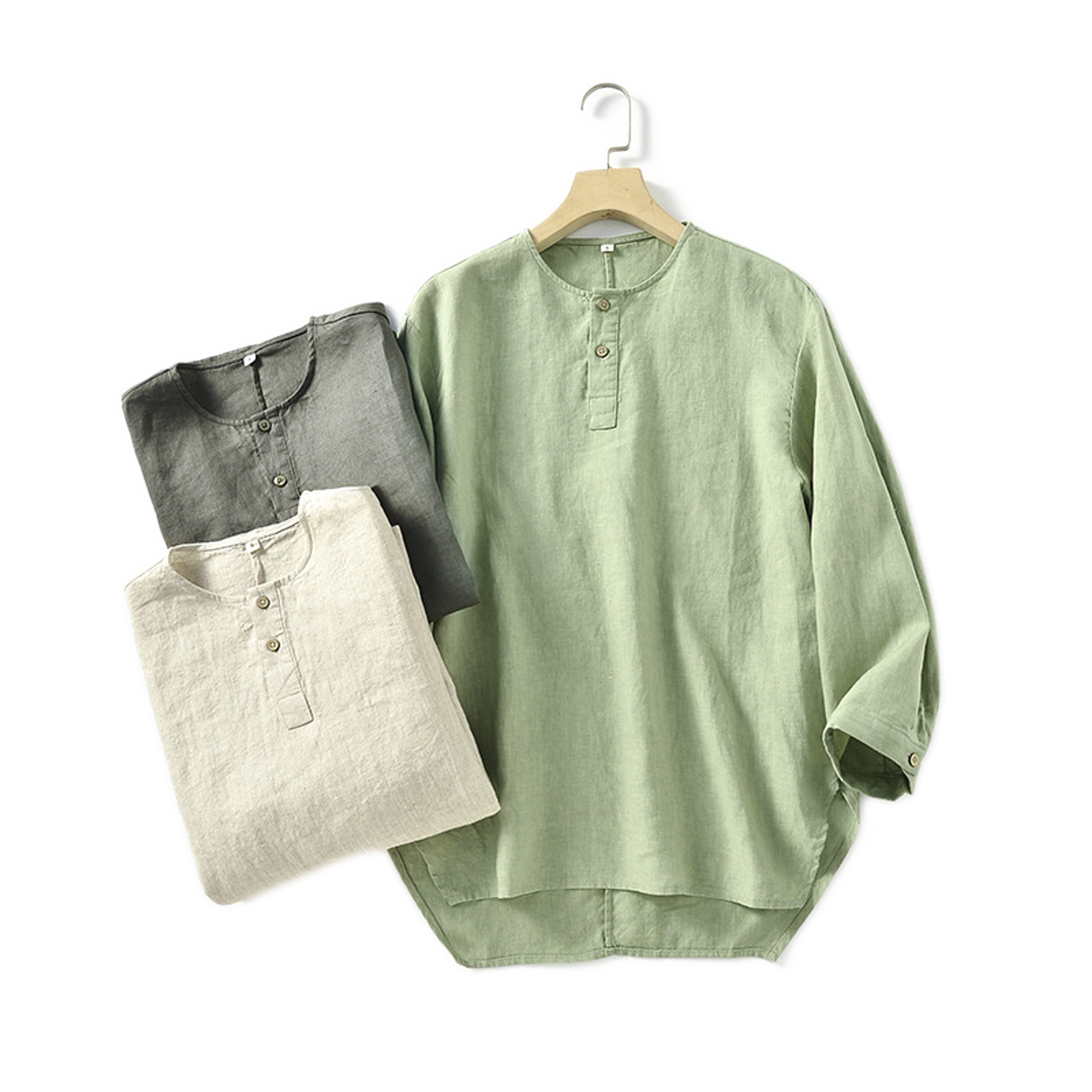 Camisa de lino hombre, cuello redondo manga corta