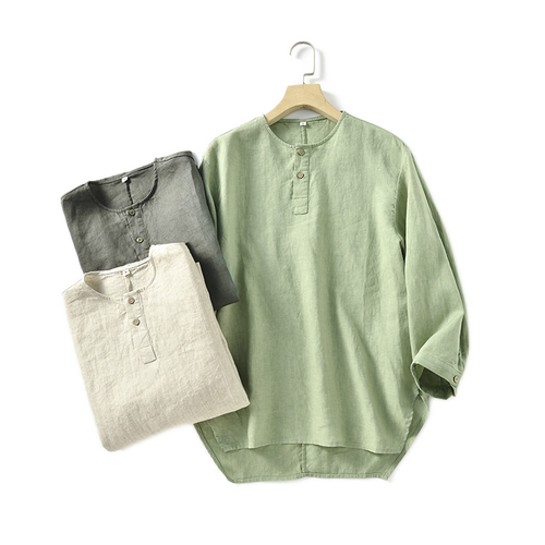 Camisa de lino hombre, cuello redondo manga corta