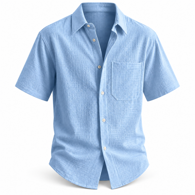 Luansky AI white product card — camisa-algodon-hombre-bolsillo-manga-corta