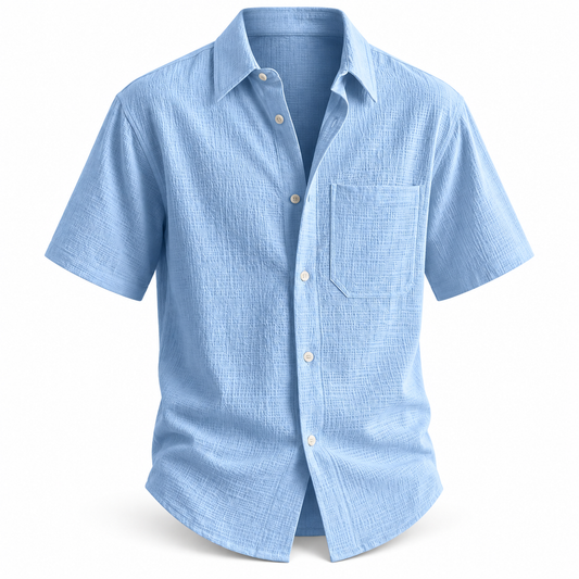Luansky AI white product card — camisa-algodon-hombre-bolsillo-manga-corta