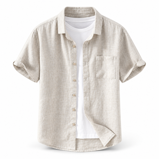 Luansky AI white product card — camisa-lino-hombre-cuello-cuadrado-manga-corta