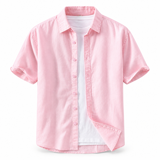 Luansky AI white product card — camisa-lino-hombre-cuello-cuadrado-tonos-suaves