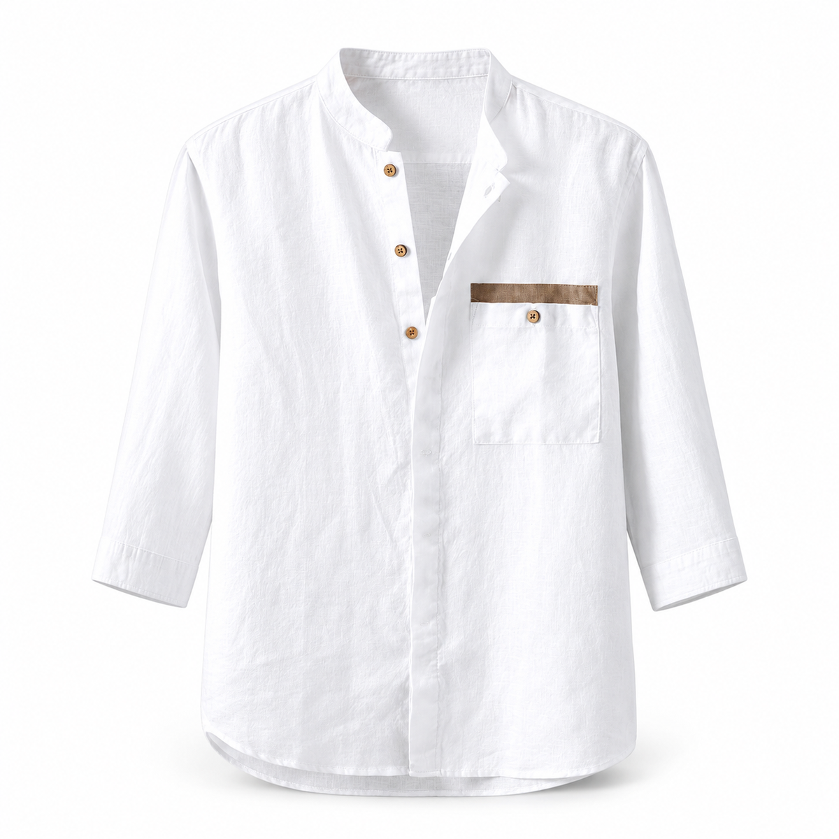 Luansky AI white product card — camisa-lino-hombre-cuello-mao-lisa