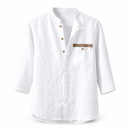 Luansky AI white product card — camisa-lino-hombre-cuello-mao-lisa