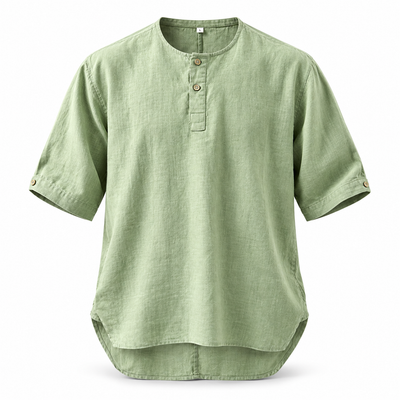 Luansky AI white product card — camisa-lino-hombre-cuello-redondo-manga-corta
