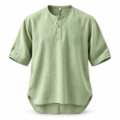 Luansky AI white product card — camisa-lino-hombre-cuello-redondo-manga-corta