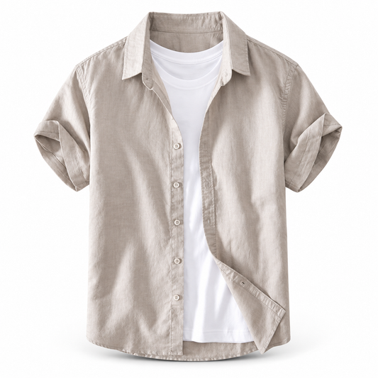 Luansky AI white product card — camisa-lino-hombre-manga-corta-9-colores
