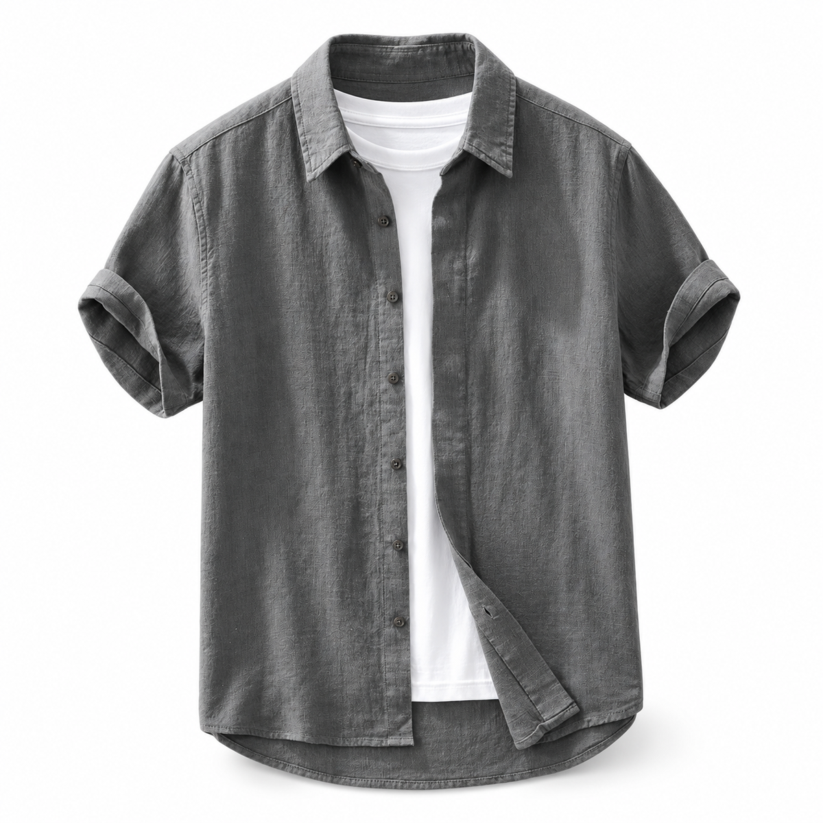 Luansky AI white product card — camisa-lino-hombre-manga-corta-tonos-tierra