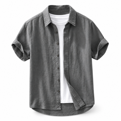 Luansky AI white product card — camisa-lino-hombre-manga-corta-tonos-tierra