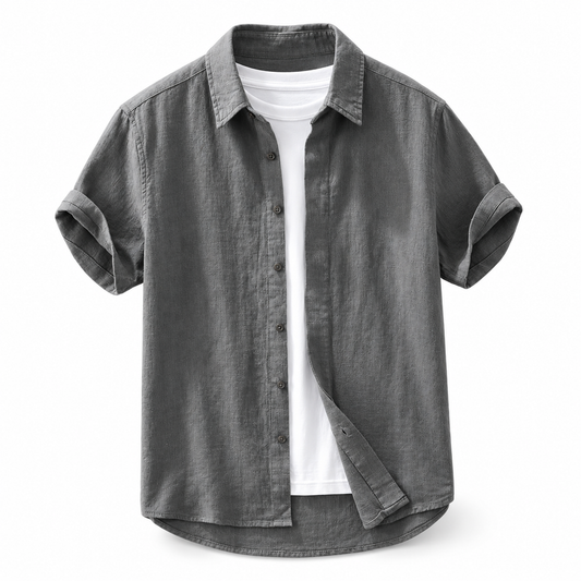 Luansky AI white product card — camisa-lino-hombre-manga-corta-tonos-tierra
