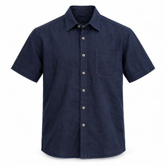 Luansky AI white product card — camisa-lino-hombre-manga-corta-tradicional