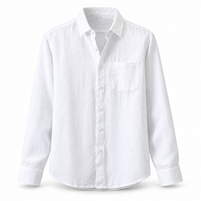 Luansky AI white product card — camisa-lino-hombre-manga-larga-holgada