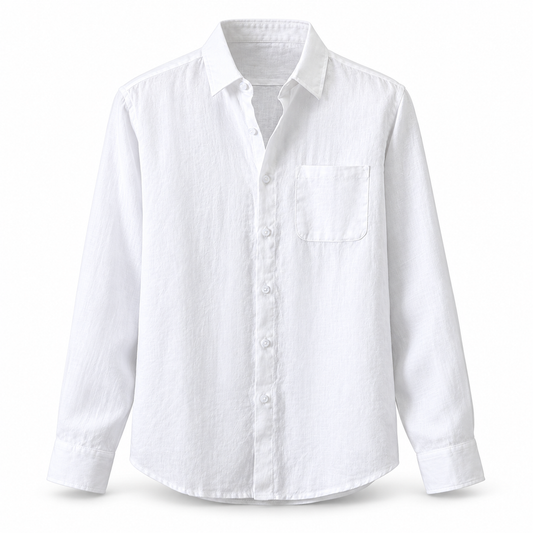 Luansky AI white product card — camisa-lino-hombre-manga-larga-holgada