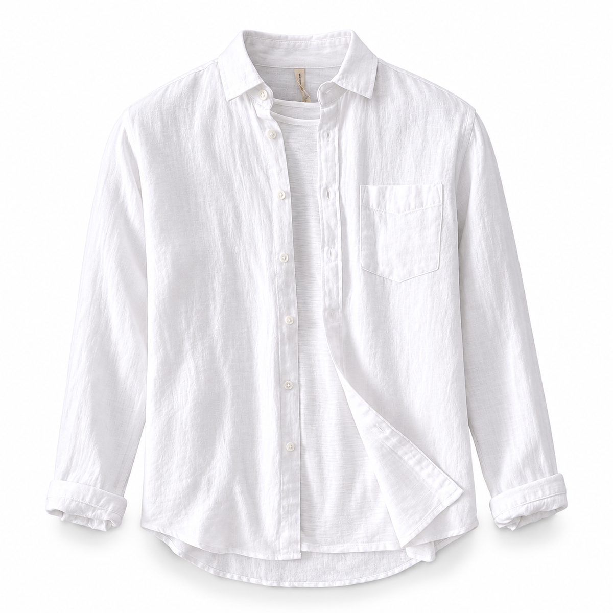 Luansky AI white product card — camisa-lino-hombre-manga-larga-regular