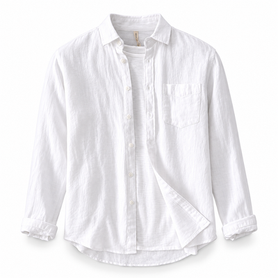 Luansky AI white product card — camisa-lino-hombre-manga-larga-regular