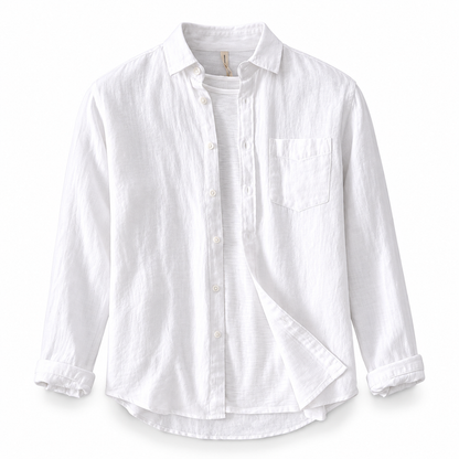 Luansky AI white product card — camisa-lino-hombre-manga-larga-regular