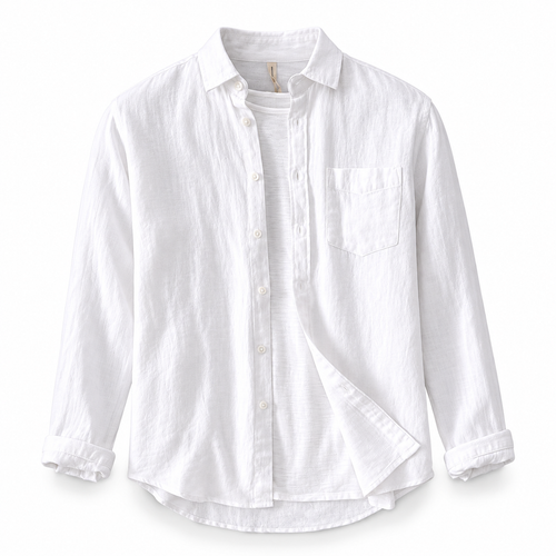 Luansky AI white product card — camisa-lino-hombre-manga-larga-regular