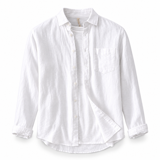 Luansky AI white product card — camisa-lino-hombre-manga-larga-regular
