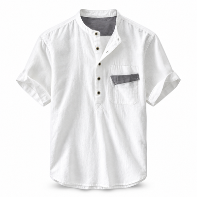 Luansky AI white product card — camisa-lino-hombre-pullover-manga-corta