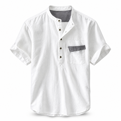 Luansky AI white product card — camisa-lino-hombre-pullover-manga-corta
