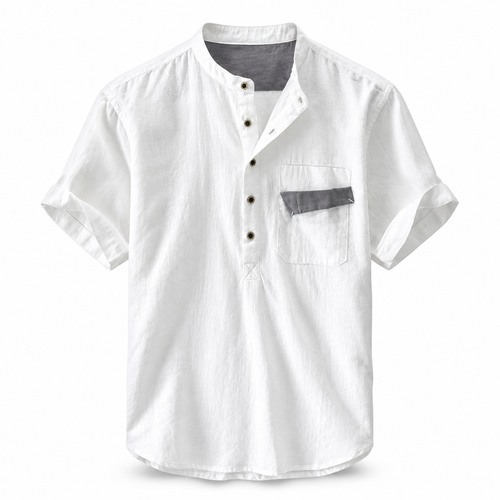 Luansky AI white product card — camisa-lino-hombre-pullover-manga-corta