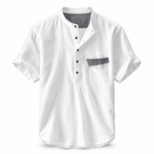 Luansky AI white product card — camisa-lino-hombre-pullover-manga-corta