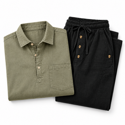 Kit Tarde — camisa verde grisáceo y pantalón negro