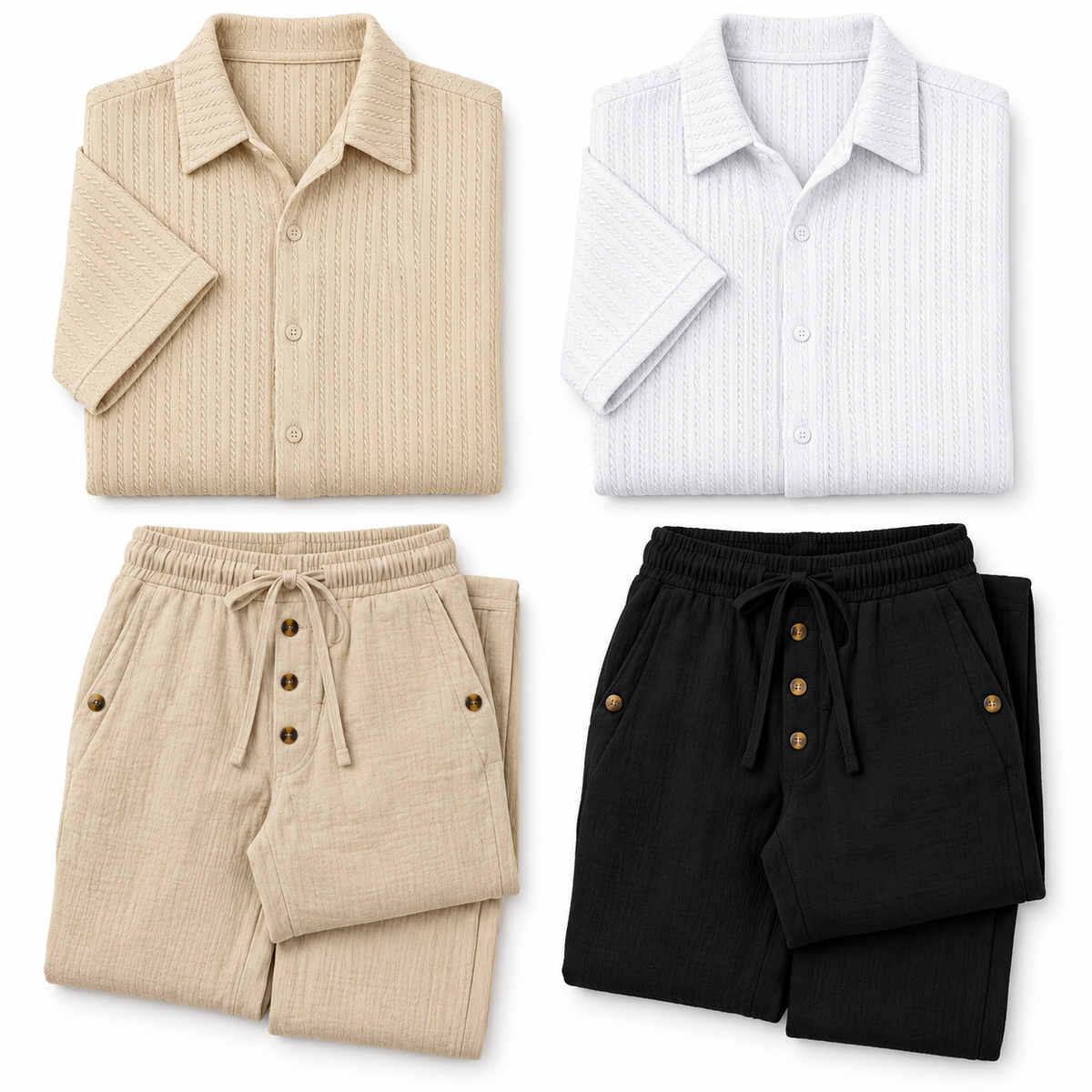 Kit Desierto — Polo Corte Slim Caqui, Polo Corte Slim Blanco, Pantalón de Lino Caqui, Pantalón de Lino Negro