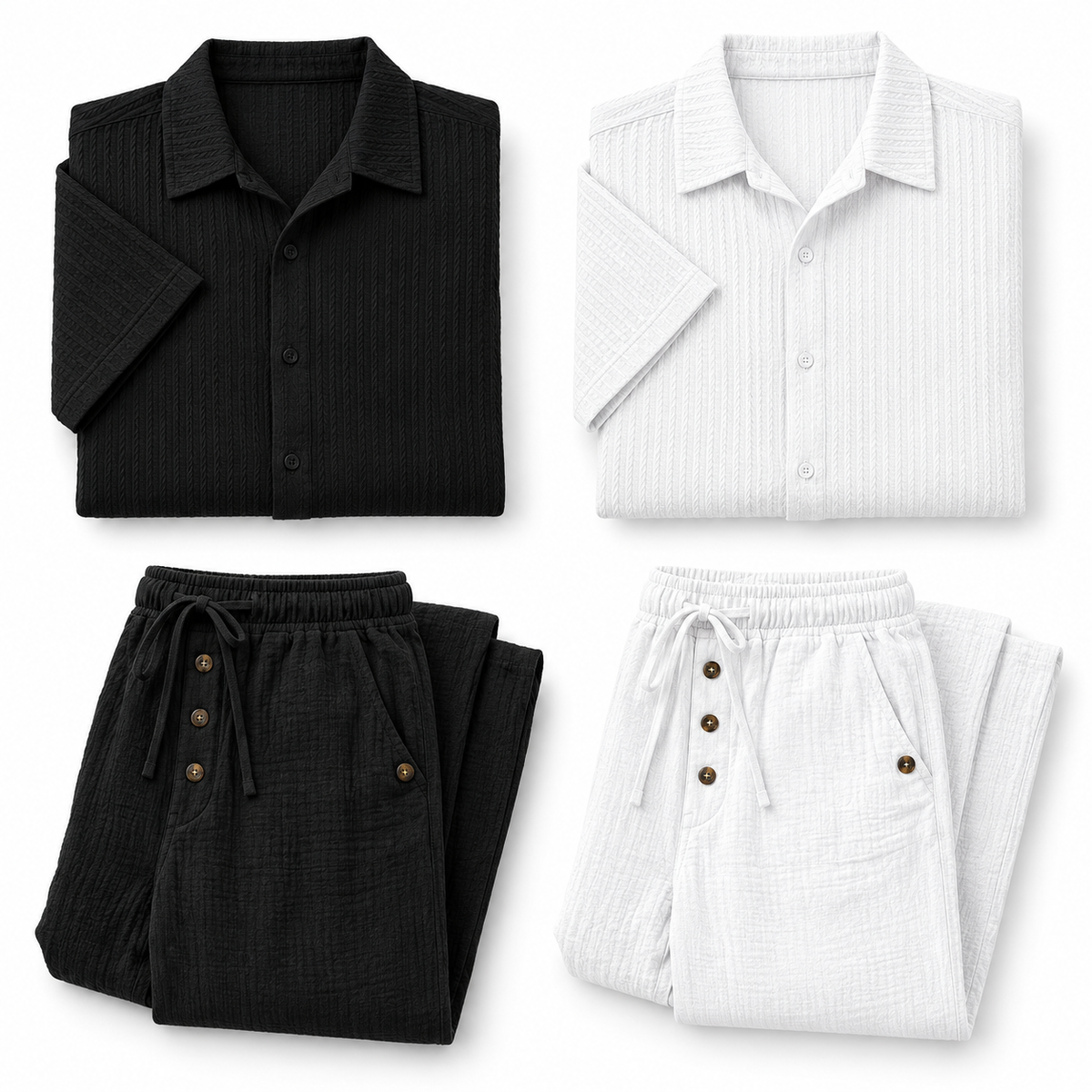 Kit Eclipse — Polo Corte Slim Negro, Polo Corte Slim Blanco, Pantalón de Lino Negro, Pantalón de Lino Blanco