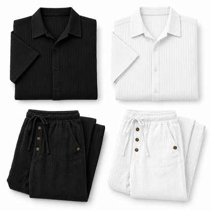 Kit Eclipse — Polo Corte Slim Negro, Polo Corte Slim Blanco, Pantalón de Lino Negro, Pantalón de Lino Blanco