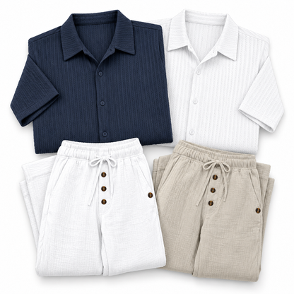 Kit Velero — Polo Corte Slim Azul Marino, Polo Corte Slim Blanco, Pantalón de Lino Blanco, Pantalón de Lino Caqui