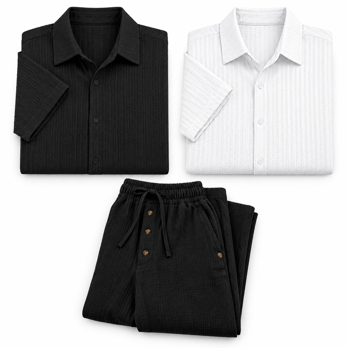 Kit Contraste — Polo Corte Slim Negro, Polo Corte Slim Blanco, Pantalón de Lino Negro