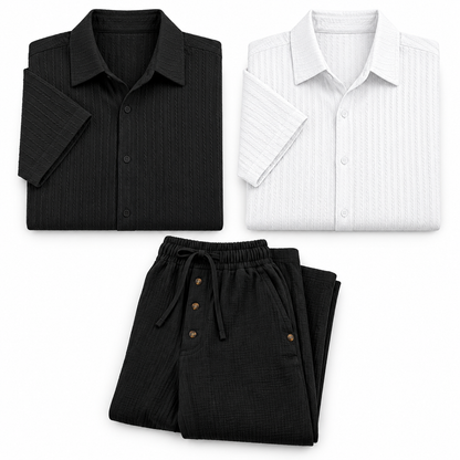Kit Contraste — Polo Corte Slim Negro, Polo Corte Slim Blanco, Pantalón de Lino Negro