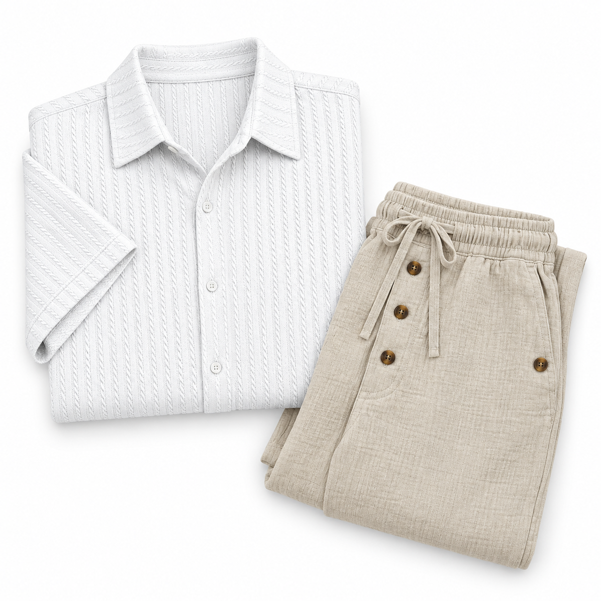 Kit Costero — Polo Corte Slim Blanco, Polo Corte Slim Caqui, Pantalón de Lino Beige
