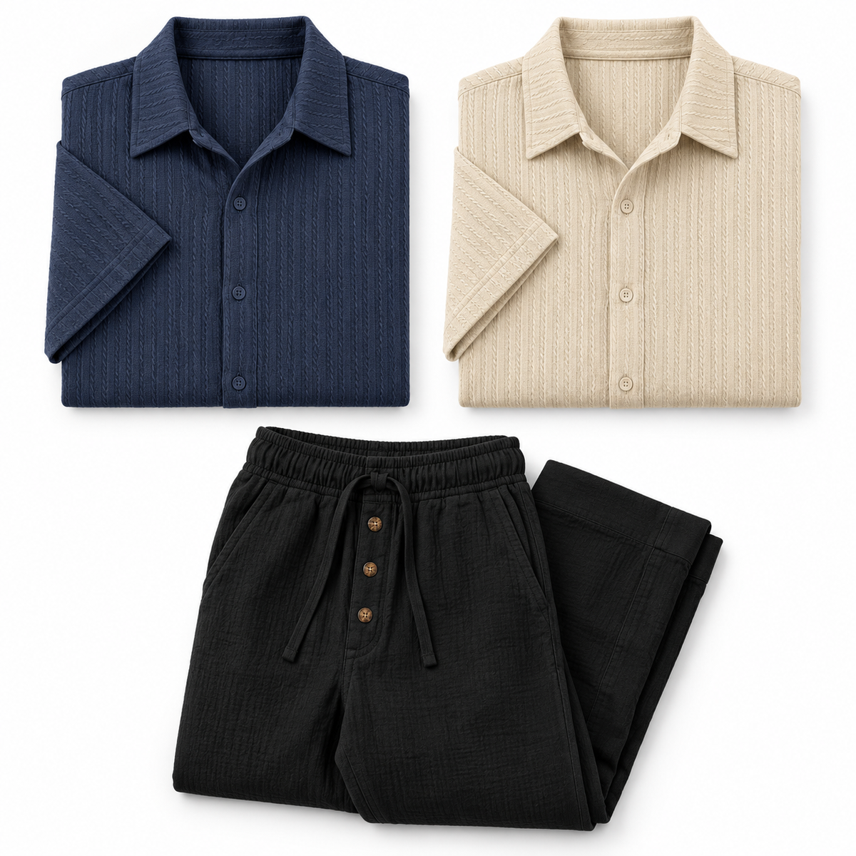 Kit Urbano — Polo Corte Slim Azul Marino, Polo Corte Slim Caqui, Pantalón de Lino Negro